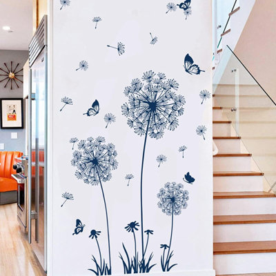 2 Set Dandelion Wall Decals Peel And Stick Blue Dandelion Wall Stickers Large Floral Wall Stickers & Murals Flower Wall Decals For Living Room Bedroom Bathroom Restroom Roommates Vinyl Wall Art