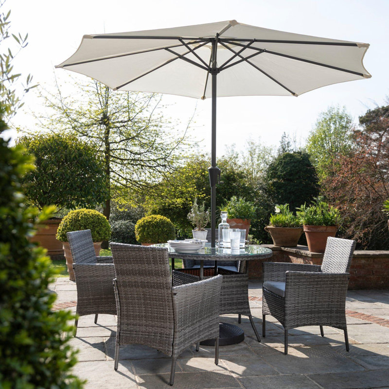 Dubose 4 Seater Rattan Round Garden Dining Set with Cream Parasol - Black, Grey