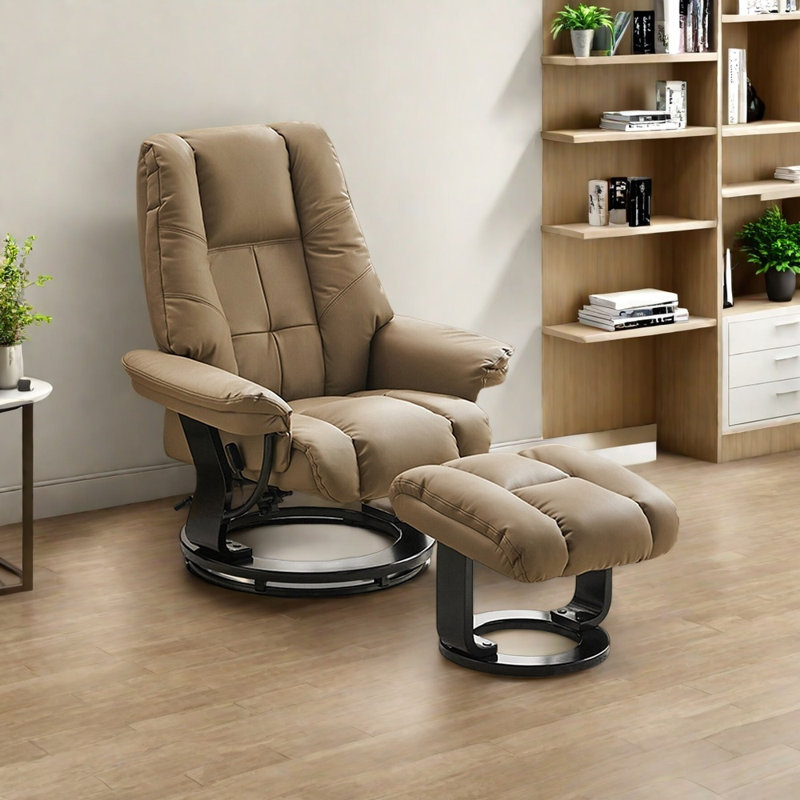Chaise longue confortable en bois massif, Cuir kaki assorti, Noir