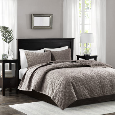 Courtepointe en velours taupe double / grand - 3 pièces avec matelassage géométrique, ajoute de la chaleur et de la beauté, 1 courtepointe, 2 taies décoratives, rembourrée de coton