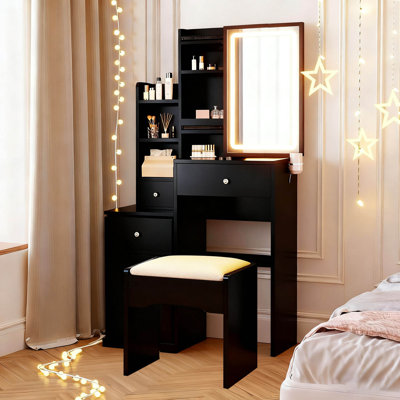 Bureau de maquillage avec lumières et station de charge, table de coiffeuse blanche avec miroir et éclairage 3 couleurs, bureau de coiffeuse moderne avec 5 tiroirs et tablettes pour la chambre à coucher, filles, femmes,