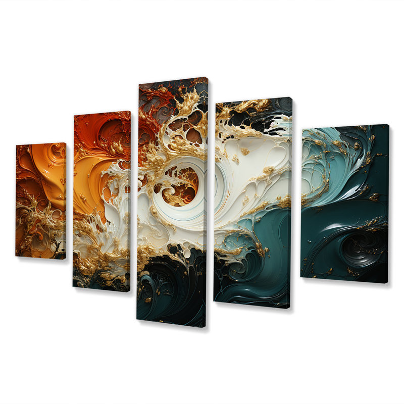 «Orange and Emerald Marble Lava VI», ensemble de peintures abstraites et murales multicolores