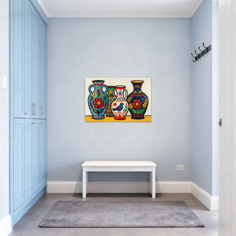 Vases colorés à la mode avec motifs floraux et oiseaux, H 28 po x l 40 po