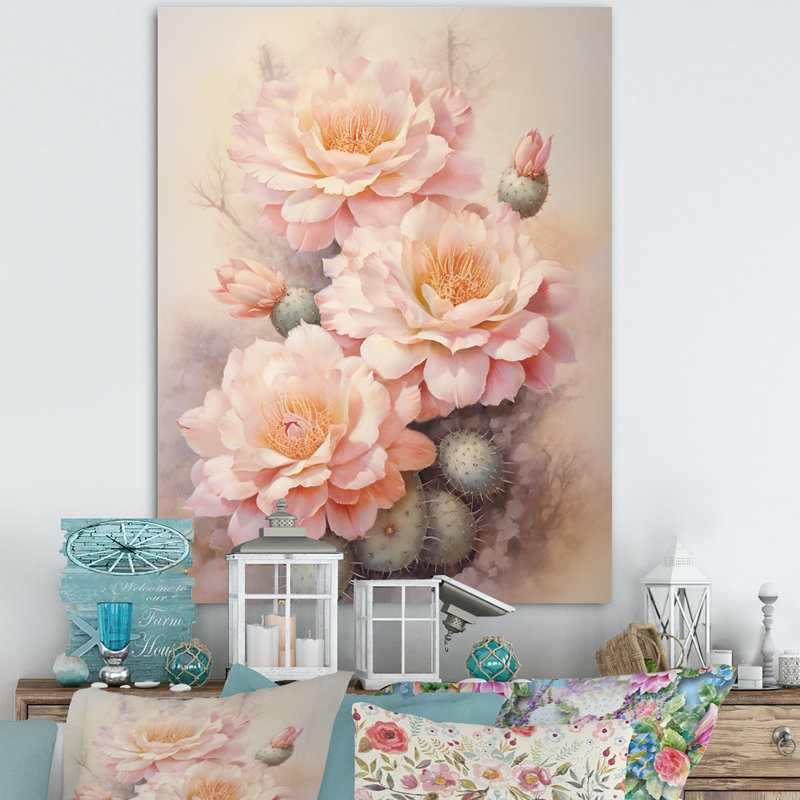 Yeidy, cactus rose, vert, impression romantique I, H 32 po x l 16 po x P 1 po, Toile tendue