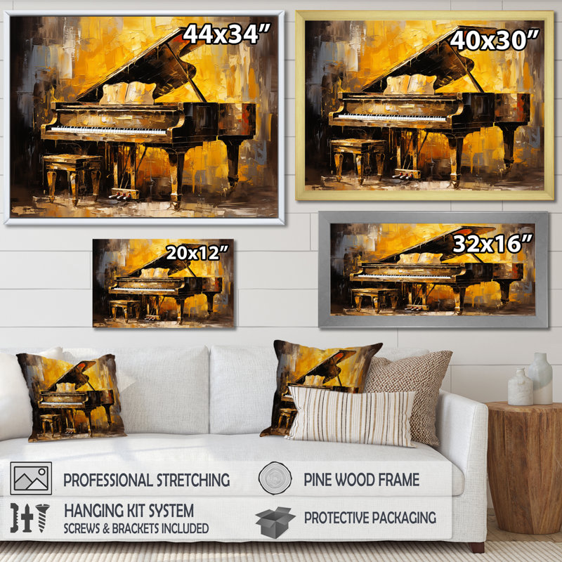 «Yellow and Black Piano Jazzed Keys II», impressions sur toile de piano, Cadre simple noir, H 12 po x l 20 po x P 1 po