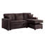 Canapé d'angle convertible contemporain pour salon avec porte-gobelet, méridienne de rangement et coussins assortis, fini chocolat. Style moderne et réversible, espace principal dissimulé.