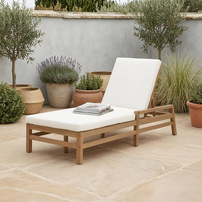 Chaise longue d'extérieur réglable en bois d'acacia à 5 positions avec coussins épais, fauteuil inclinable pour piscine ou balcon