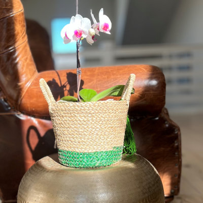 3 Piece Green Striped Wicker Tassel Baskets