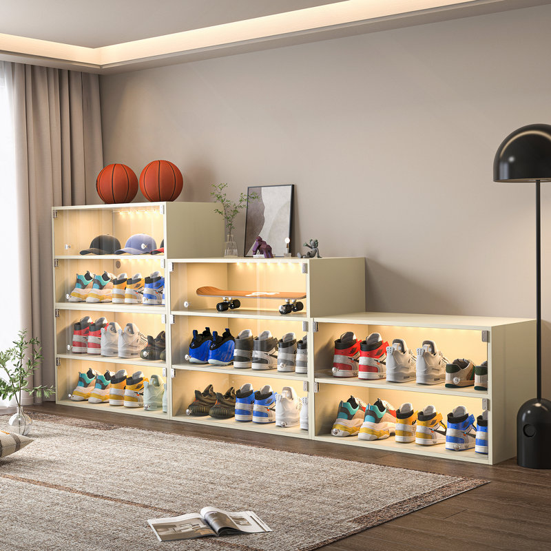 Off White Glass Door Shoe Box Shoe Storage Cabinet For Sneakers With RGB Led Light