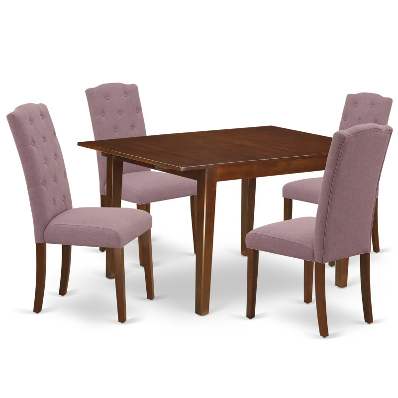 5 Piece Kitchen Table Set for 4 Includes a Rectangle Dining Room Table with Butterfly Leaf and 4 Dahlia Linen Fabric Padded Chairs, Mahogany