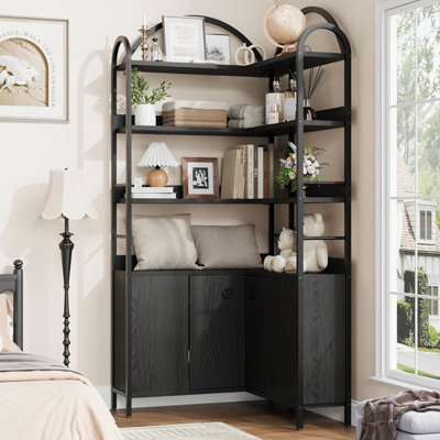 Bibliothèque de coin 74 "de haut à 74 niveaux avec armoire et portes, rangement en L pour bureau à domicile, noir