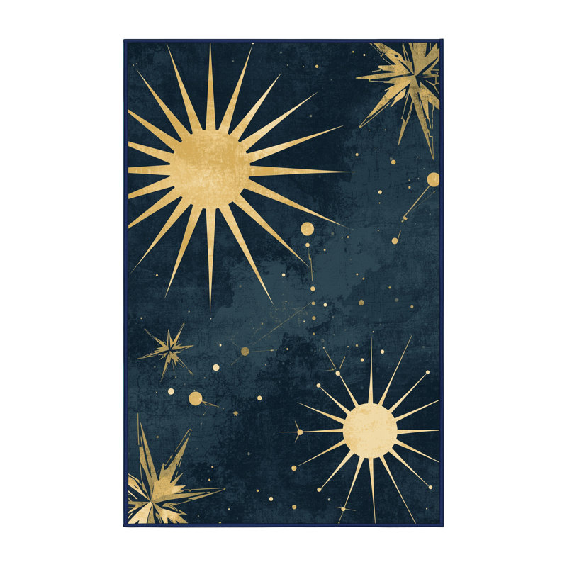 Tapis bleu marine lavable à la machine Bates Mid-Century Starburst, 2 pi x 3 pi