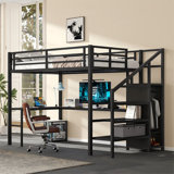 Full Size Loft Bed With L-shaped Desk And Usb, Metal Loft Bed With Wardrobe And Adjustable Shelf