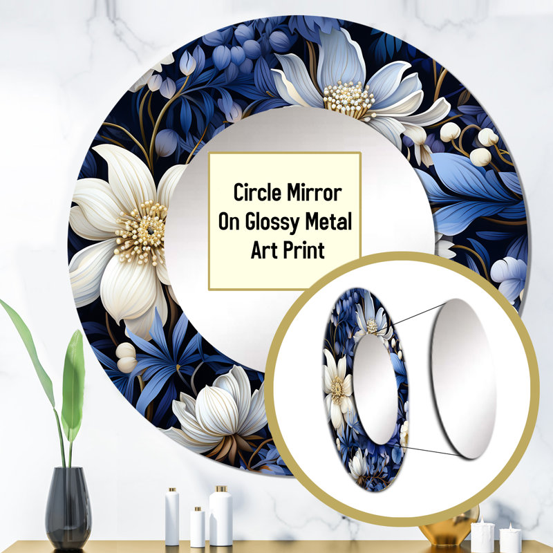 Deep Indigo Moonlit Flowers - botanical  Decorative Mirror, Blue Round Wall Mirror, Printed Metal Art, 23" x 23"