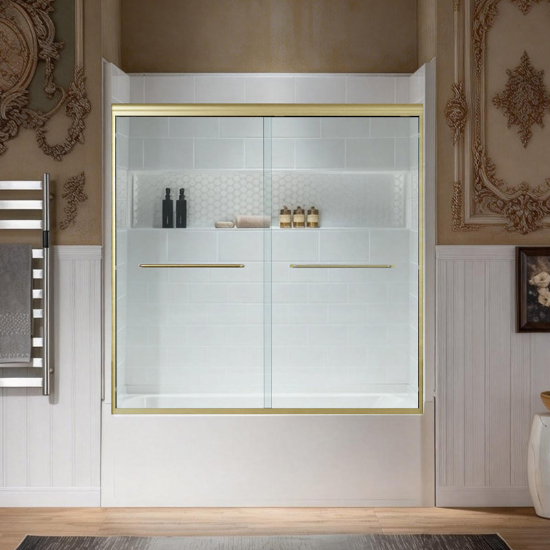 WOODBRIDGE 60" x 32" Alcove Soaking Bathtub and 4-Piece Direct-to-Stud Surround with Left Drain, including 56–60" Double Sliding Tub Door, Clear Tempered Glass in Brushed Gold Finish