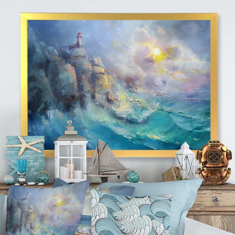 Phare au-dessus de l'horizon de la mer II - reproduction d'art sur toile, H 8 po x l 12 po x P 1 po, Cadre doré