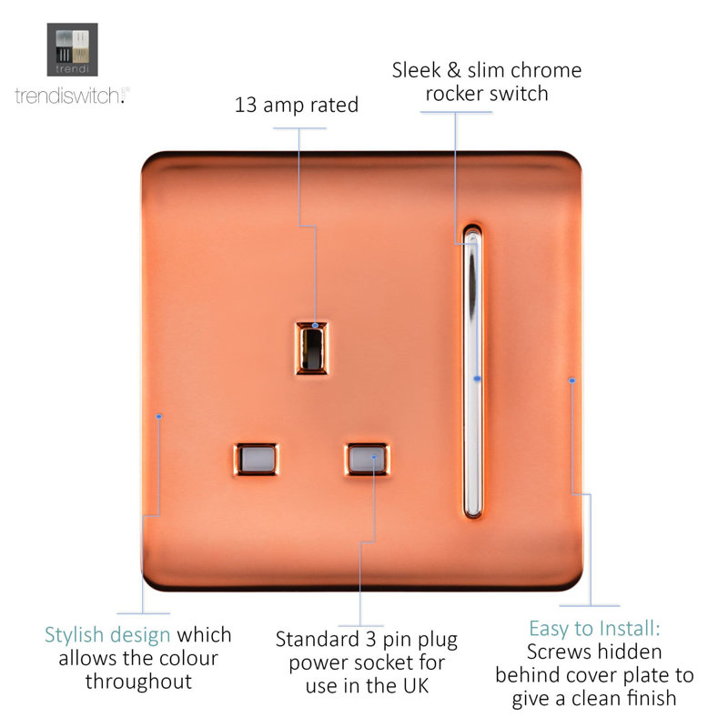 Trendi Switch 1 Gang 13 Amp Switched Plug Socket, Copper