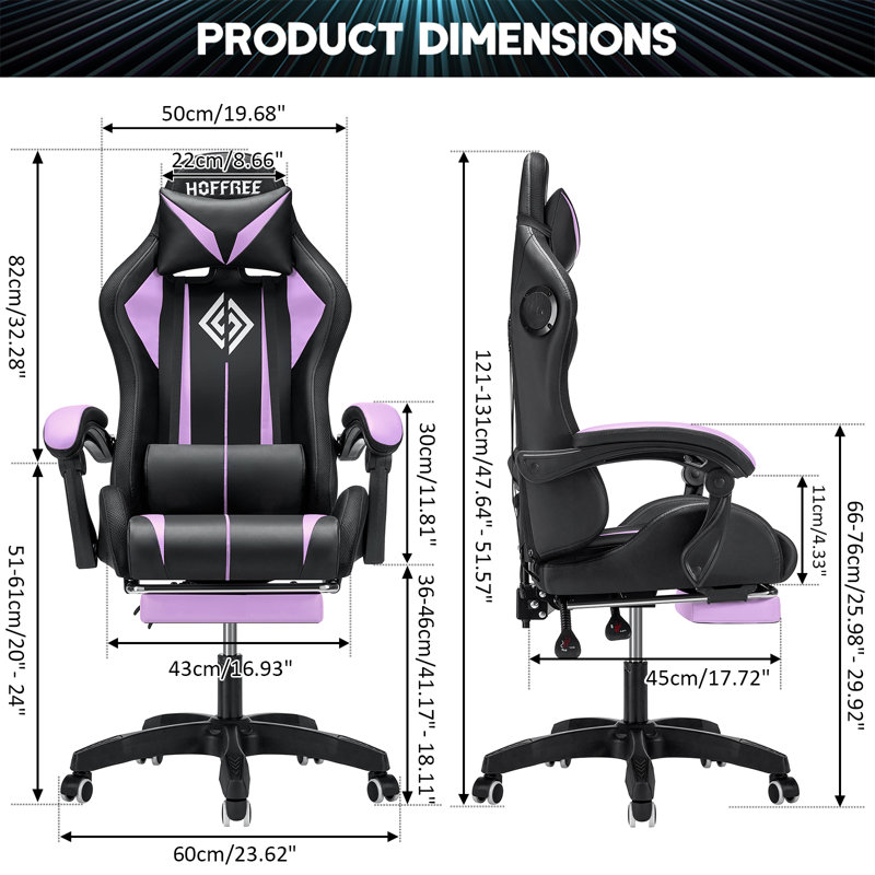 Hoffree LED Ergonomic Gaming Chair with Bluetooth Speakers and Vibration Lumbar Pillow, Purple/Black