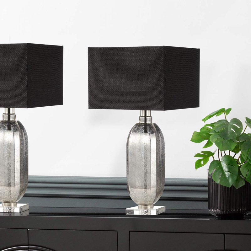 84cm Living Room Table Lamp with Glass Base, Bedside Buffet Lamp with Linen Shade, Sliver/Grey