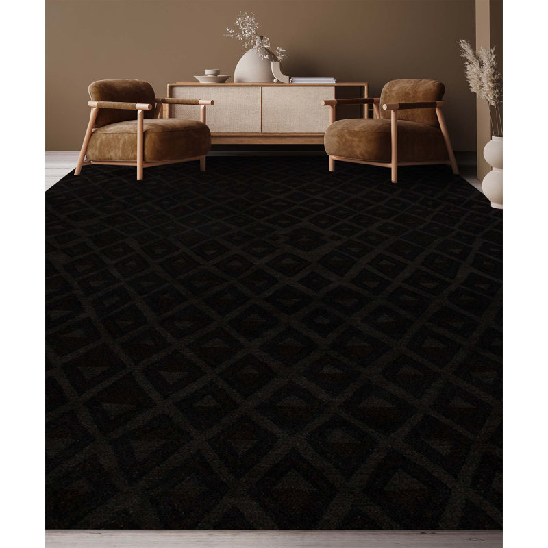 Rectangle Geometric Hand-Knotted Wool Area Rug in Black/Gray, Rectangle 8' x 10'