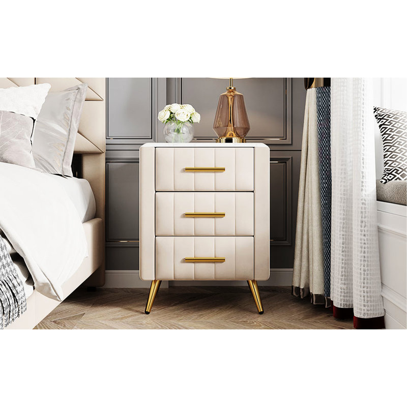 3 Upholstered Bedside Table With Metal Legs - Beige Look Nightstand 3 Drawers & Features Touch, Beige