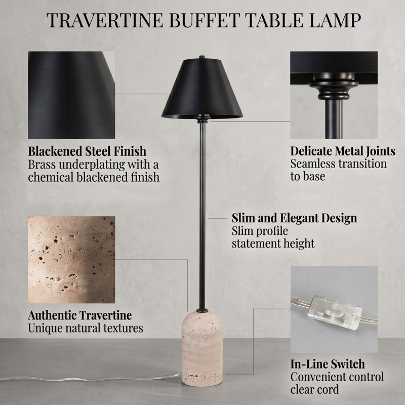 36" Tall Natural Travertine Buffet Table Lamp, Blackened Steel Finish with Empire Metal Shade