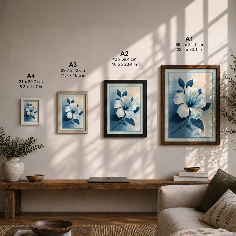 White Hibiscus in Bloom Botanical - Framed Print, A4 - 29.7 x 21.0 cm, Walnut