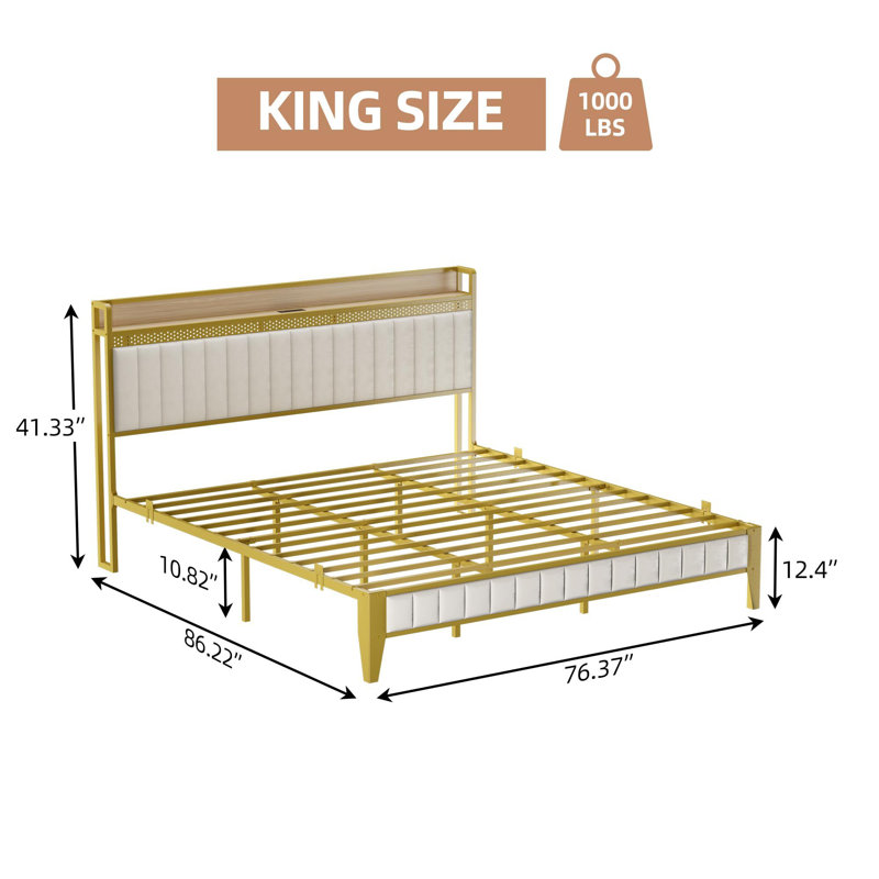 Alicia Upholstered Platform Bed, White/Gold, King