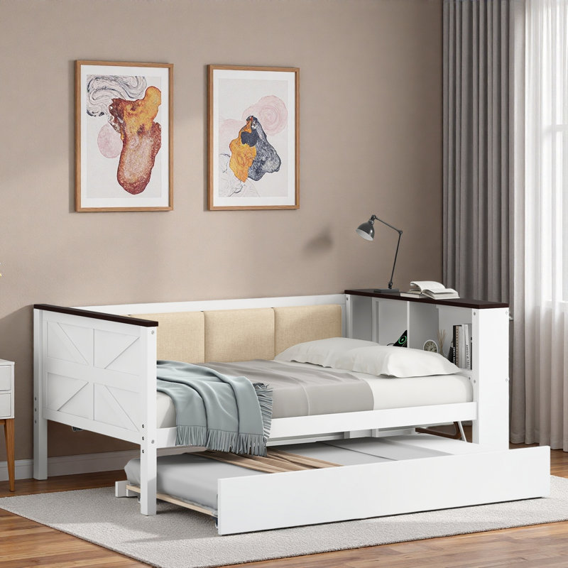Wood Daybed With Storage Shelves, Upholstered Backrest And Usb, Twin