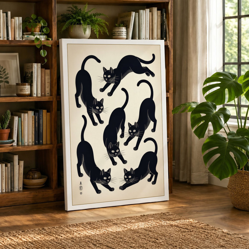 Six Cats Dancing Japandi 1 Piece Wrapped Canvas Wall Art, 30x20 - 76.2 x 50.8 cm, Taupe Border