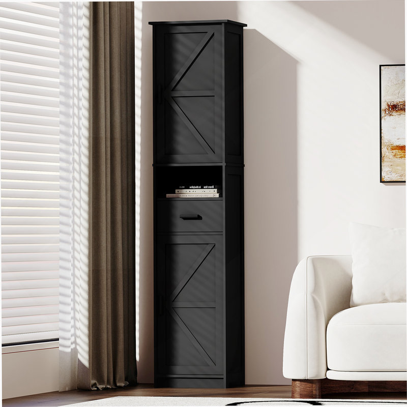 Bathroom Storage Cabinet with 2 Barn Doors and 1 Drawer, Narrow Storage Unit, Adjustable Shelves, Black