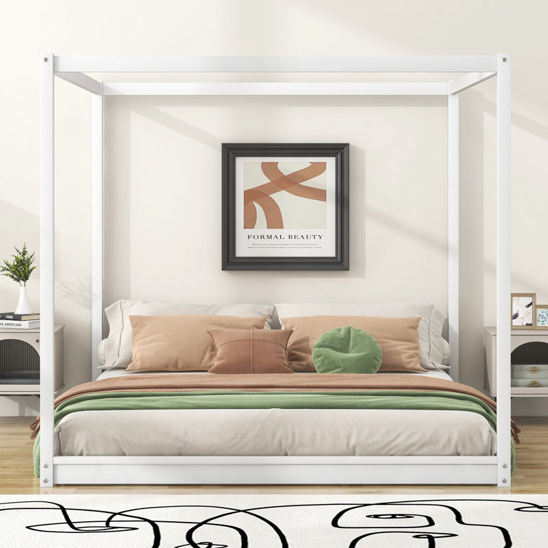 King Size Canopy Platform Bed With Support Legs,White