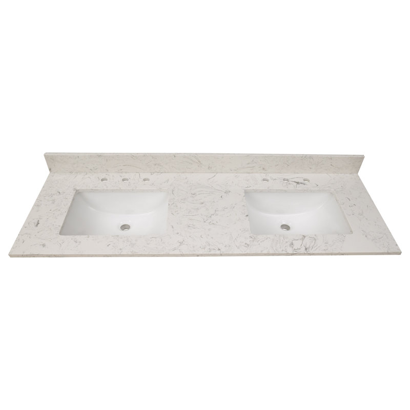 61 in. White Marble Bathroom Vanity Top with Double Sinks