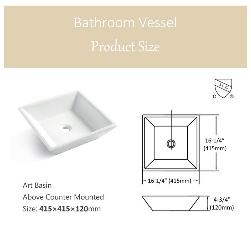 MEJE 16.25'' White Ceramic Square Bathroom Sink