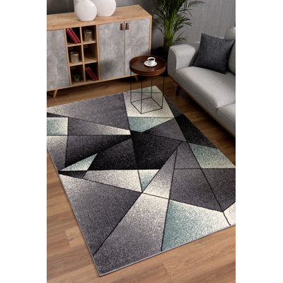 Rug Branch Nour 4' x 6' (3'9" x 5'6") Grey/Blue Geometric Indoor Area Rug, Contemporary, Medium Pile, Stain-Resistant Carpet - Living Room, Bedroom, Dining Room, and Kitchen