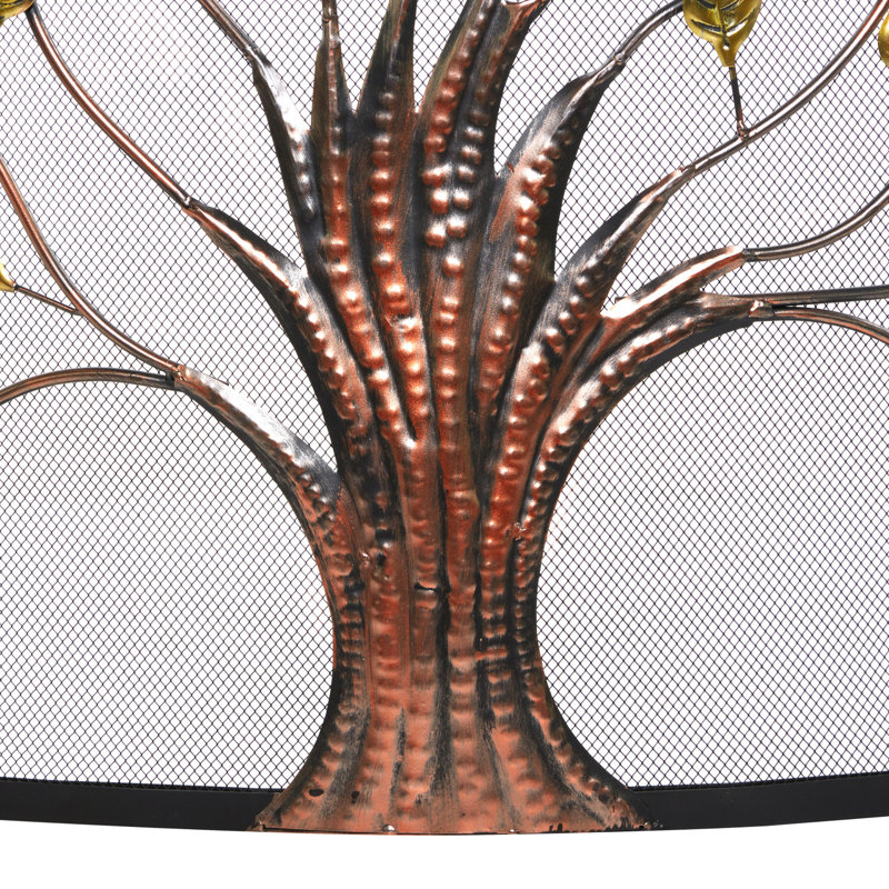 Aashay Bronze Metal Sculpted Relief Single Panel Tree Fireplace Screen with Curved Mesh Netting