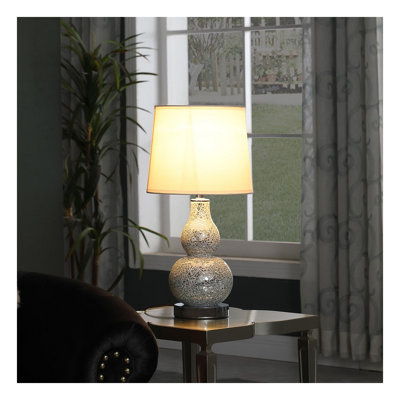 19.5" Modern Mirror Glass Mosaic Table Lamp - Silver Chrome Polyresin Base with White Cotton Linen Shade, LED Compatible for Bedroom & Living Room