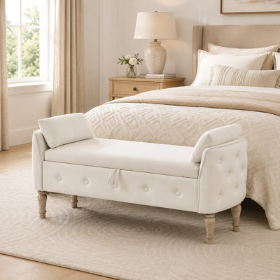 51" Linen Bedroom Storage Bench for End of Bed  with Tufted Armrest,Zipper Pocket,Vintage Wooden Brush Foot