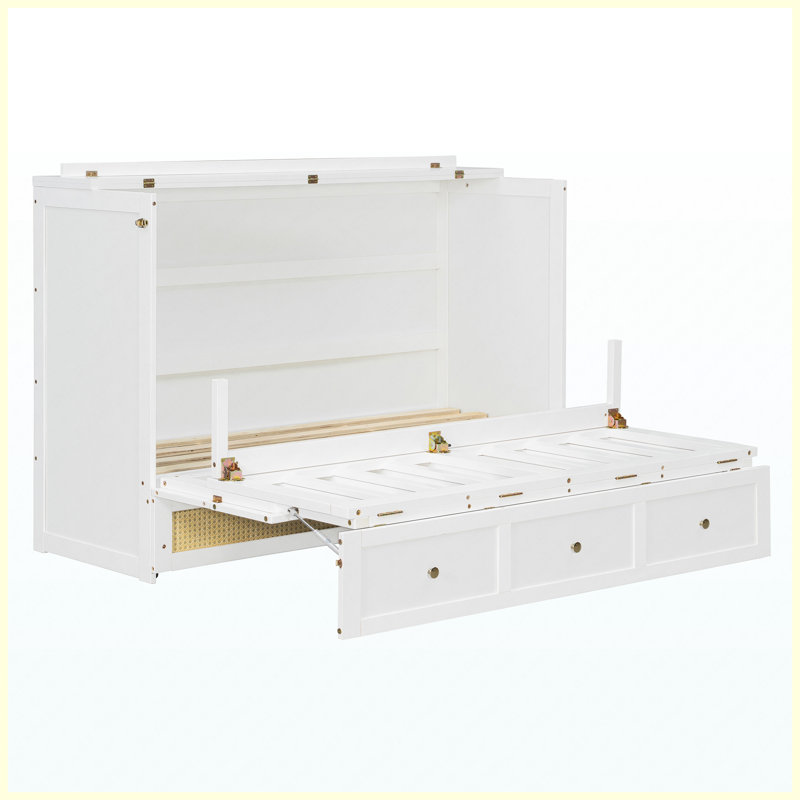 Grand lit escamotable blanc avec grands tiroirs de rangement et lit mural peu encombrant