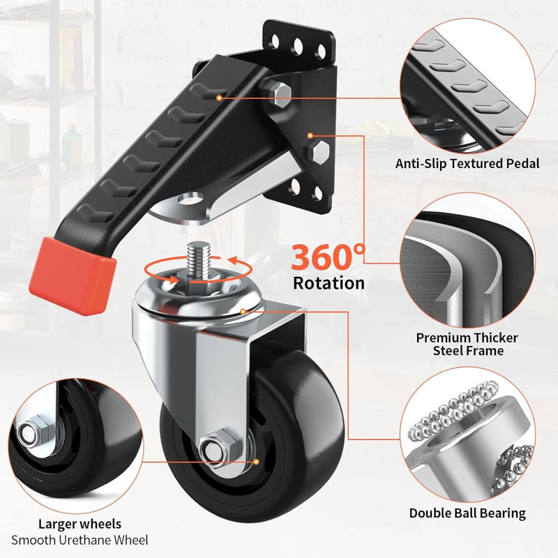 Ensemble de 4 roulettes rouges pour plan de travail, roulettes robustes avec frein avec fonction de levage et d'abaissement, roulettes rétractables à dégagement rapide pour établi, tables, charge 660LBS
