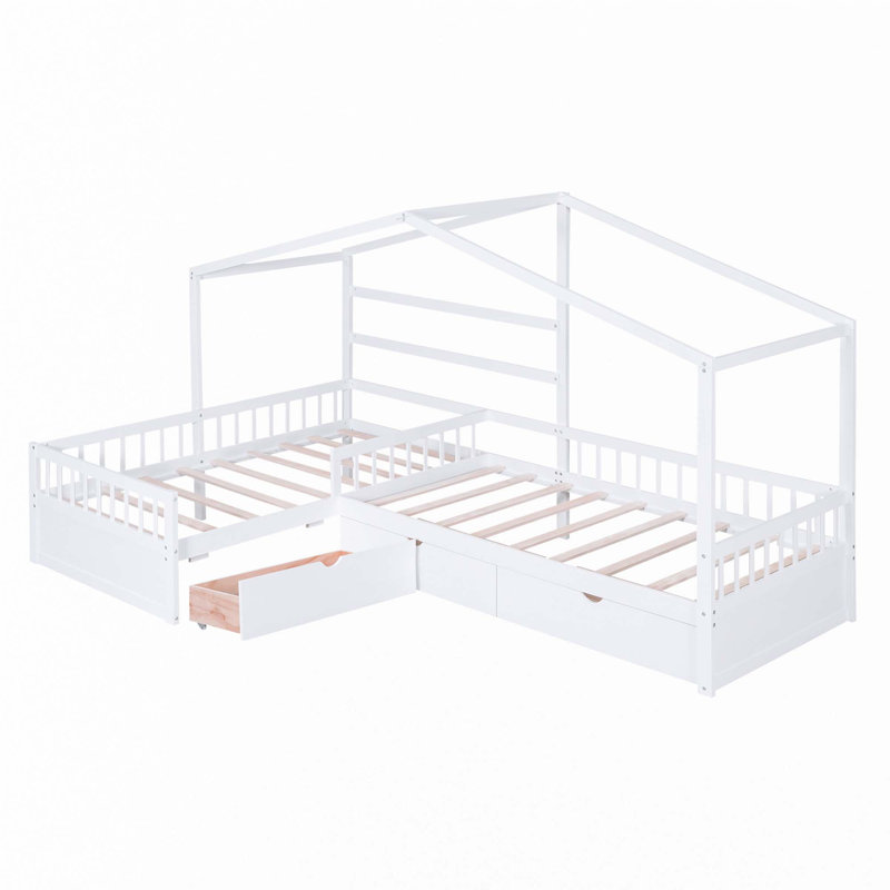 Lit plateforme House avec trois tiroirs de rangement, Blanc