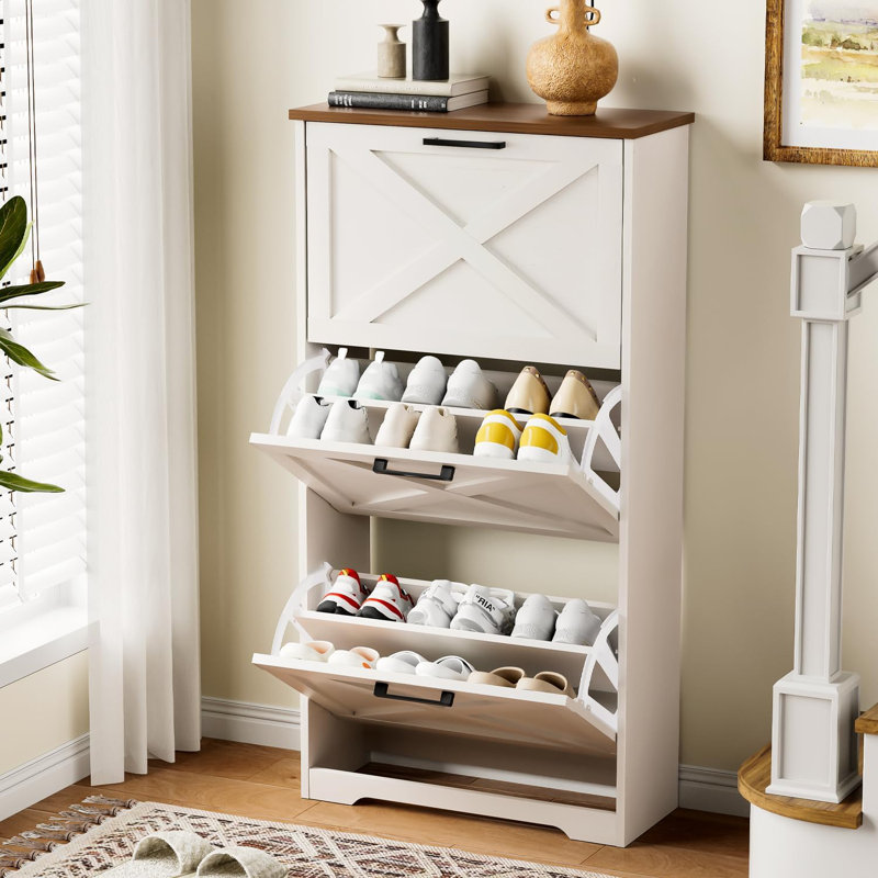 Armoire à chaussures mince et autoportante avec tiroirs rabattables, range-chaussures à 3 niveaux pour le vestibule, le couloir, le salon, la conception compacte et l'espace de rangement réglable