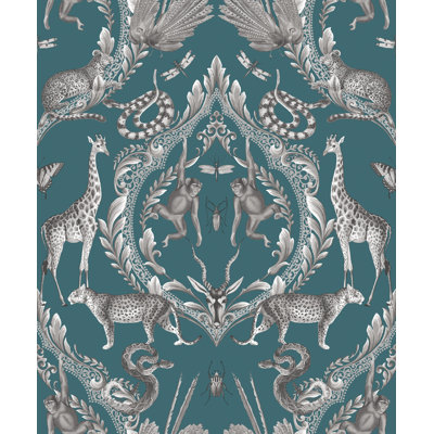 Bazaar Metallic Jungle Menagerie Damask 33' L x 21" W Wallpaper Roll