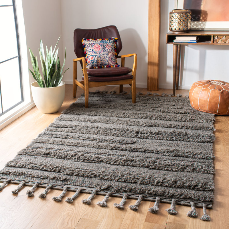 Tapis argenté en laine tissé à plat à la main Janis, Rectangle 5 pi x 8 pi