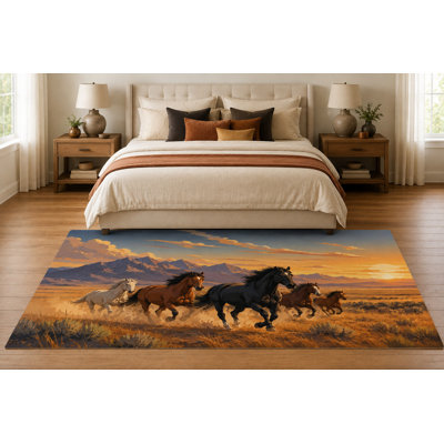 Tapis « Ultra Fin » 152 x 213 cm (5 pi x 7 pi) à motif de chevaux au galop et coucher de soleil dans le désert, idéal pour la chambre, le salon et le bureau à domicile. Moquette douce à poils courts avec envers antidérapant en silicone.