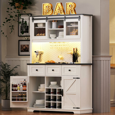71" Farmhosue Pantry Bar Cabinet With Internal Storage Rack,Kitchen Cabinet With Hutch,Sliding Door,Power Outlet,Pegboard,Wine & Glasses Rack,3 Drawer