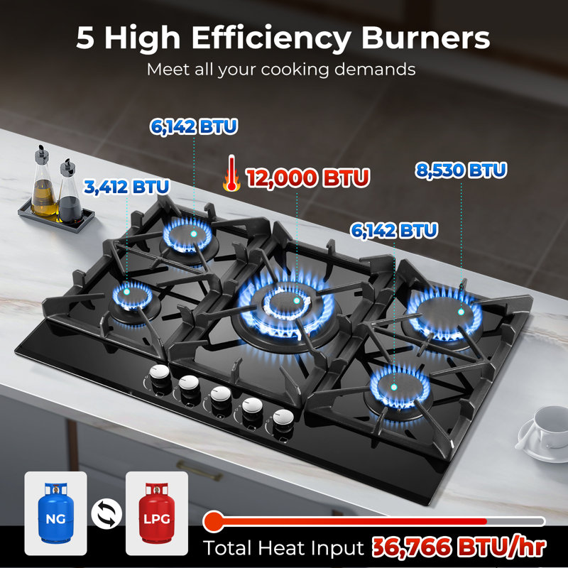 Plaque de cuisson au gaz 30 po à 5 brûleurs, surface de cuisson noir trempé avec protection thermocouple
