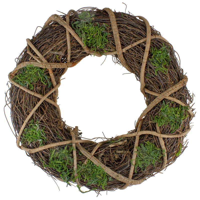 13" Green and Brown Moss and Twig Artificial Spring Wreath - Unlit