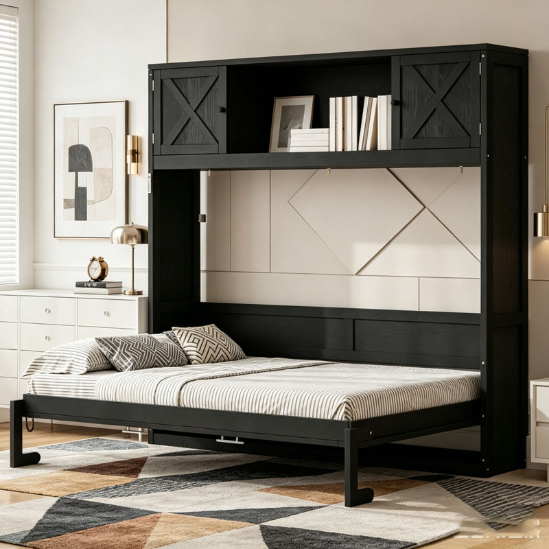Lit escamotable avec armoires de rangement, Noir, Grand lit