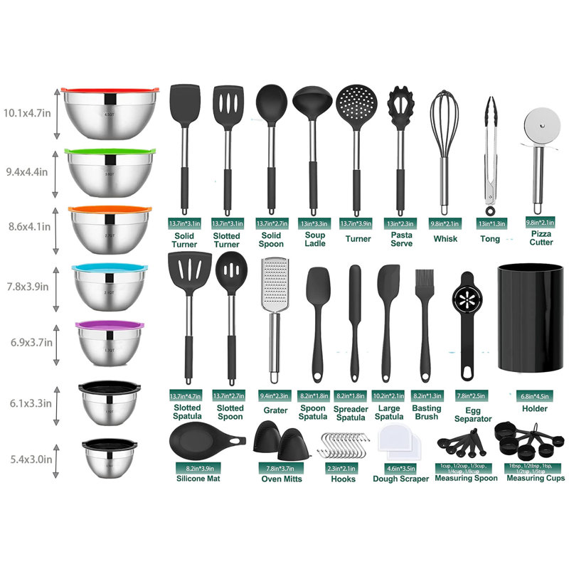 Ensemble de 24 pièces de cuisinière en silicone, ensemble d'ustensiles de cuisine, cuiseur antiadhésif résistant à la chaleur, poignée en acier inoxydable - sans BPA, et 7 pièces de bol à mélanger en acier inoxydable